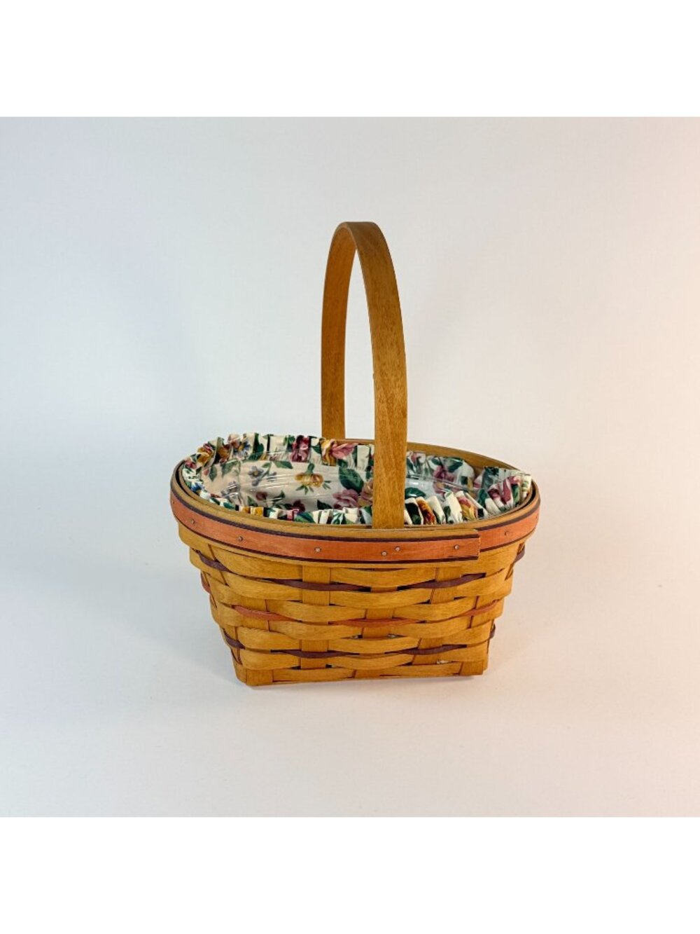 Longaberger 1995 Basket W/Floral Fabric Liner Plastic Insert Wood Woven Handle
